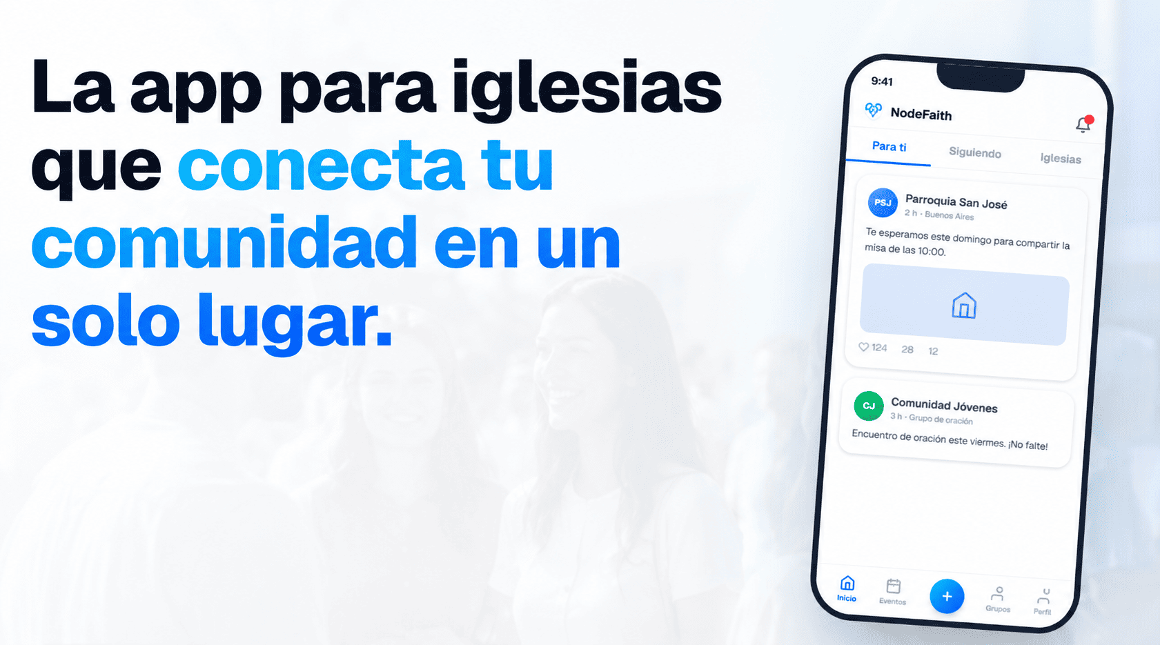 Pantalla principal de NodeFaith, una app para iglesias que ayuda a conectar fieles, eventos y comunicación de la comunidad en un solo lugar.